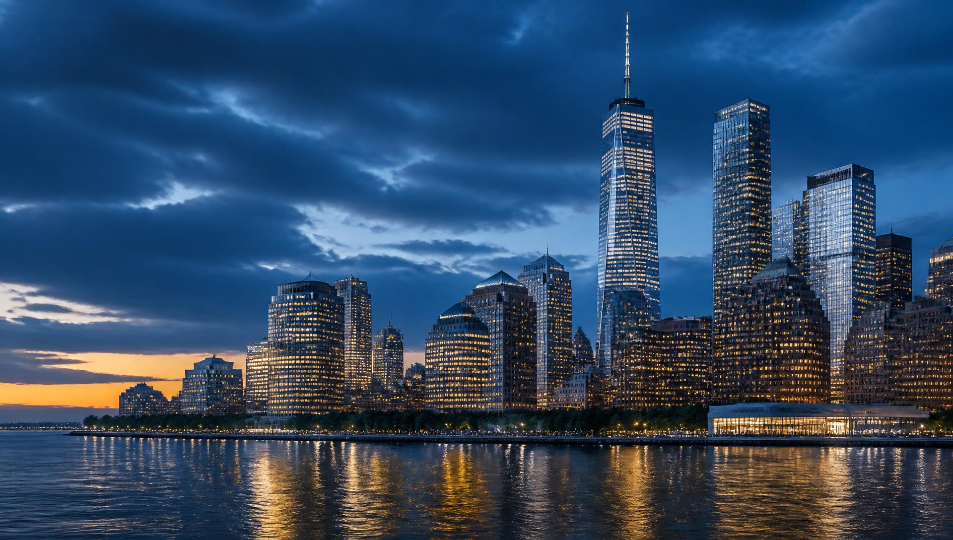 Manhattan skyline at dusk across the Hudson river