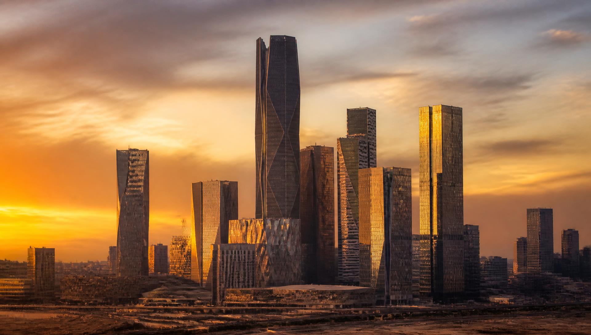 Riyadh skyline at dusk, KAFD towers in desert light