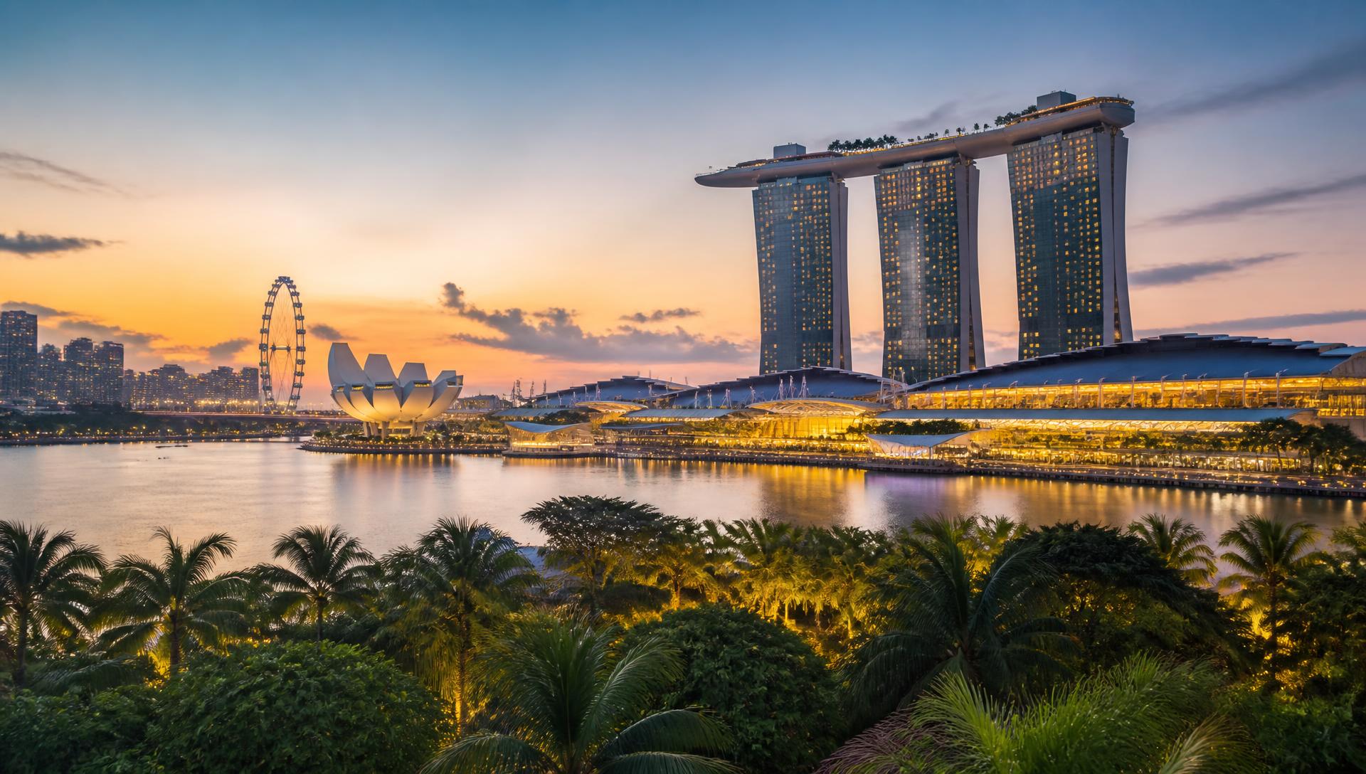 Singapore skyline at dusk across Marina Bay
