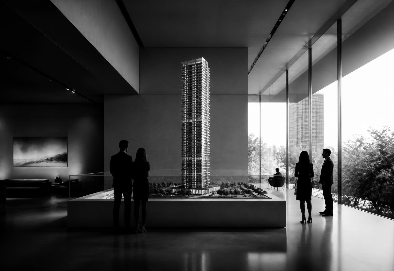 Sales gallery interior with a tower scale model